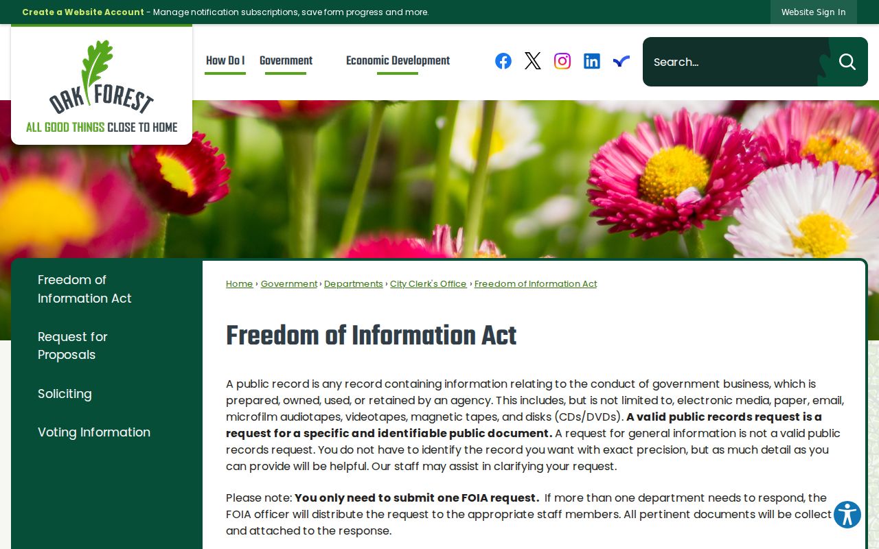 Oak Forest Freedom of Information Act request instructions
