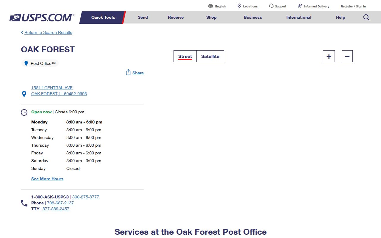 USPS Oak Forest Post Office details for ZIP code 60452